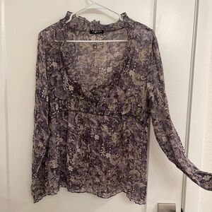 Vintage Y2K V Neck Sheer Floral Purple Cream Floral Blouse